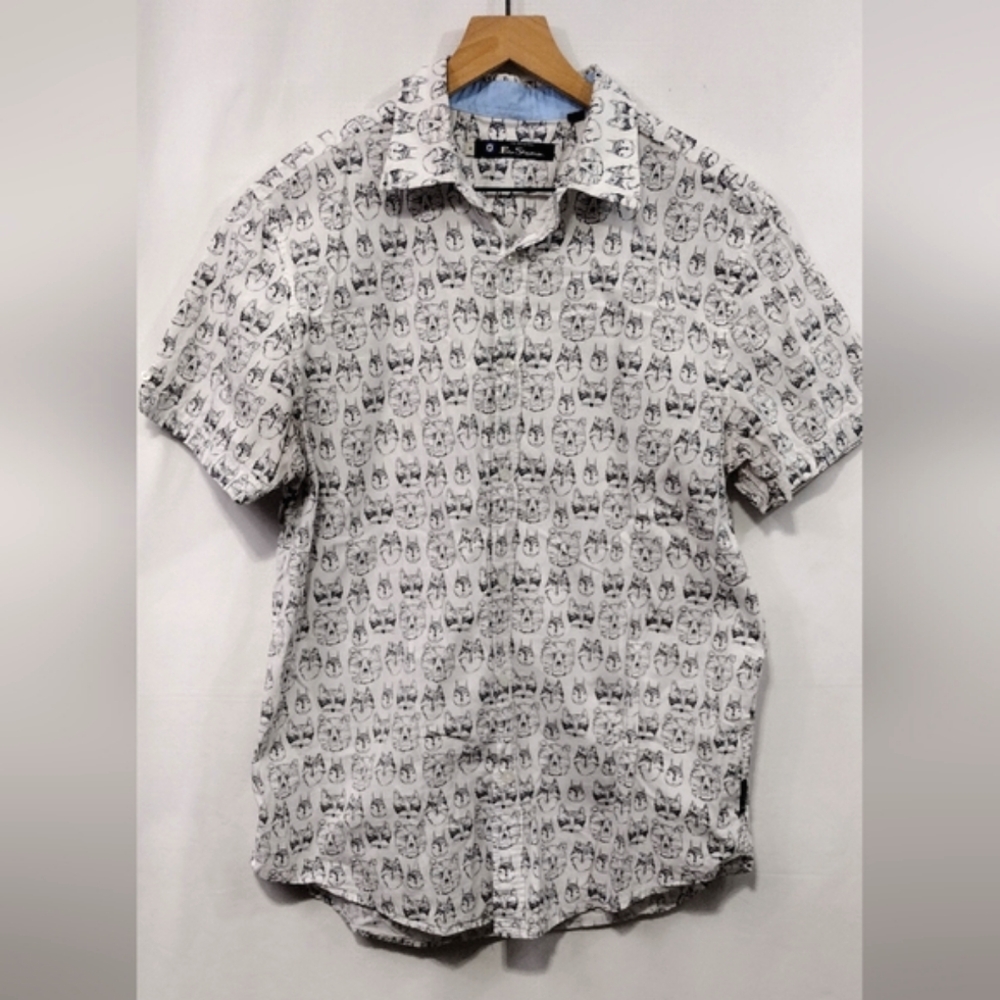 Ben Sherman Animal Head Print Button Shirt Mens M White Black Casual Comfy